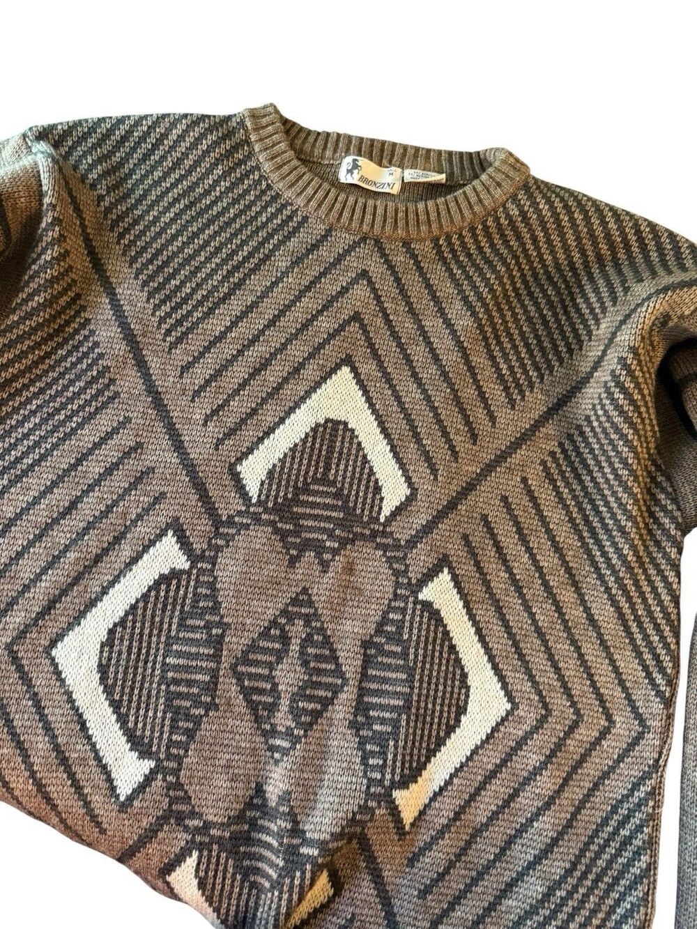 VTG 80s/90s Bronzini Abstract Acrylic Merino Wool Knit  Sweater Size M Tall